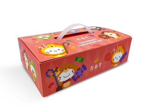 Pink children's tableware set including spoon, fork, and plate