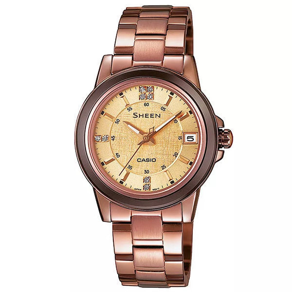 CASIO SHEEN系列 極簡典雅水晶鑽錶-咖啡金