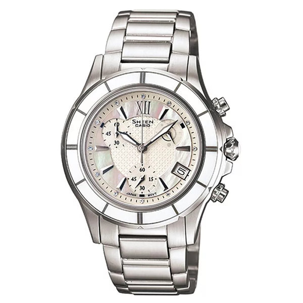 CASIO SHEEN系列 極光盛宴都會陶瓷晶鑽腕錶-白