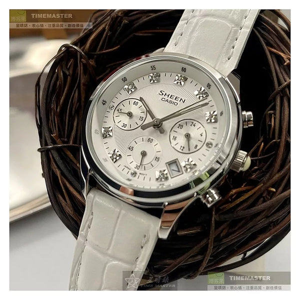 CASIO卡西歐精品錶,編號：CA00002,32mm圓形銀精鋼錶殼白色錶盤真皮皮革白錶帶