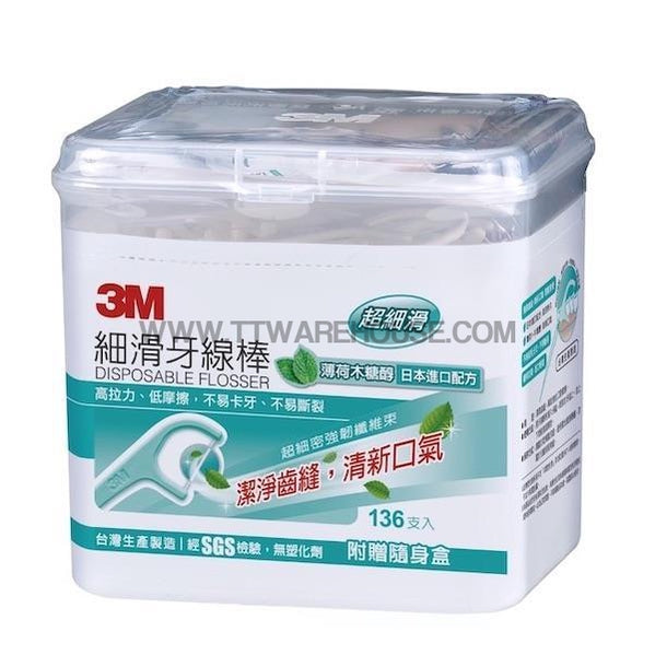 3M 細滑牙線棒-薄荷木糖醇盒裝136支入＋隨身盒